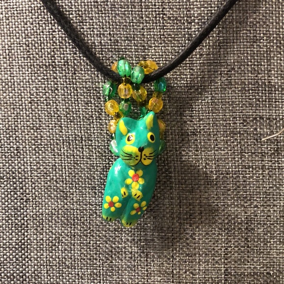 Necklace-earrings set. Handmade/hand painted green cats! So cute! - Picture 3 of 6